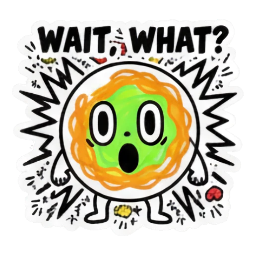 Circular food character looking shocked with 'WAIT WHAT?' text Doodle Foodie Vibes sticker for expressive chats and social replies.