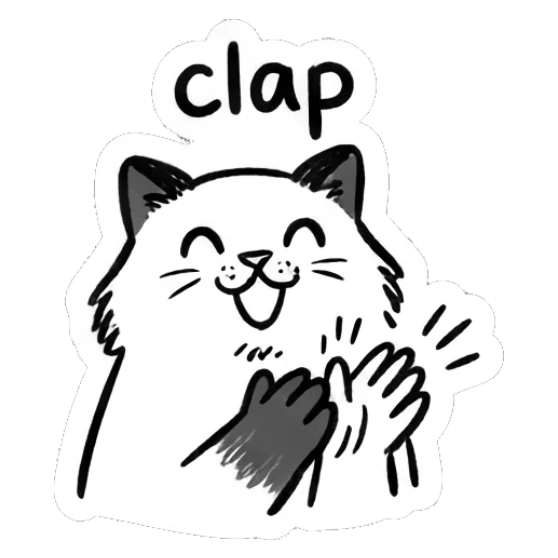 Cheerful Ragdoll cat clapping paws, text 'clap' Ragdoll Cat Moods sticker for expressive chats and social replies.