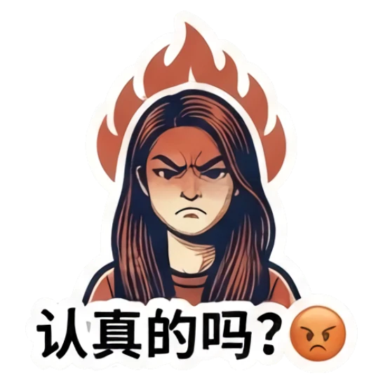 Young woman looking angry with a fiery background. Modern Girl Expressions sticker for expressive chats and social replies.