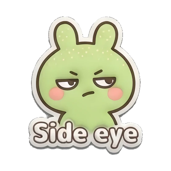 Annoyed green bunny giving a side-eye with 'Side eye' text. Puffy Green Bunny Adventures sticker for expressive chats and social replies.