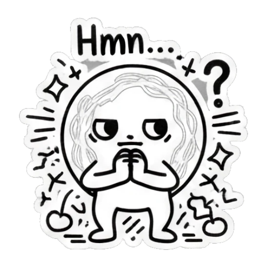Round doodle character in deep thought with hands together and 'Hmn...' text. Doodle Doodle Expressions sticker for expressive chats and social replies.