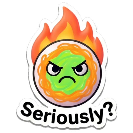Citrus character looking furious with fire overhead and text Seriously? Citrus Buddy Adventures sticker for expressive chats and social replies.