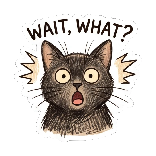 Surprised black cat with wide eyes and WAIT WHAT text Charcoal Sketch Kitties sticker for expressive chats and social replies.