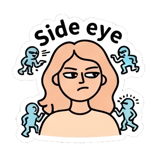 Girl giving side eye with skeptical look, text Side eye Keith Haring Style Girl sticker for expressive chats and social replies.