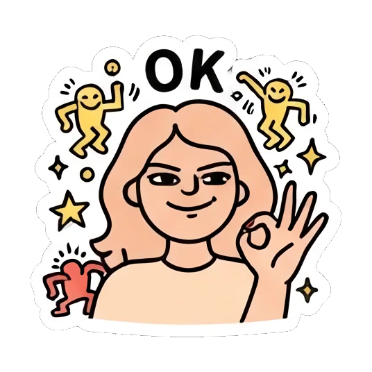 Girl making OK gesture with small dancing figures, text OK Keith Haring Style Girl sticker for expressive chats and social replies.