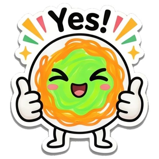 Happy spaghetti character giving double thumbs up with 'Yes!' text. Spaghetti Buddy Expressions sticker for expressive chats and social replies.