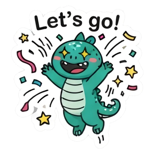Energetic green dinosaur jumping with confetti and text Let's go! Dino Pop Expressions sticker for expressive chats and social replies.