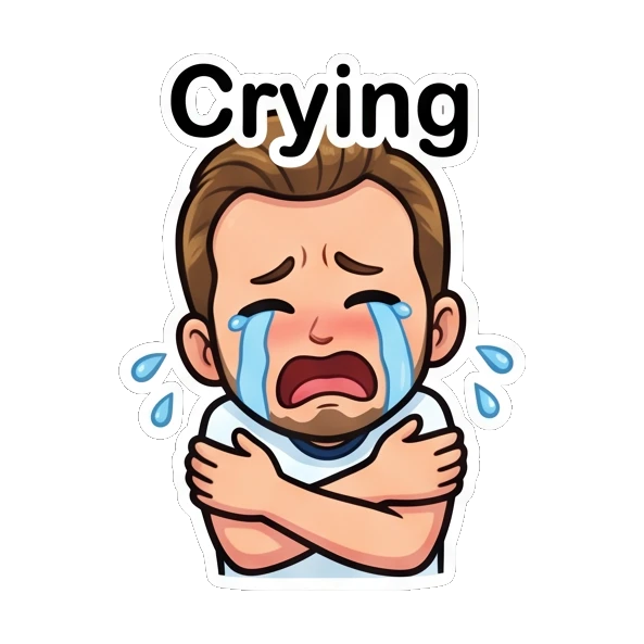 Bearded man crying loudly with blue tears and hugging himself Cheerful Bearded Guy sticker for expressive chats and social replies.