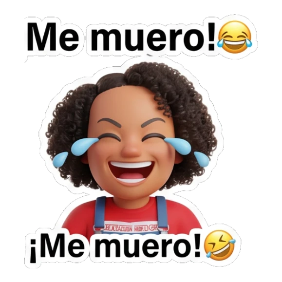 Curly hair girl laughing with tears of joy and text ¡Me muero! Curly Hair Girl Daily Vibes sticker for expressive chats and social replies.