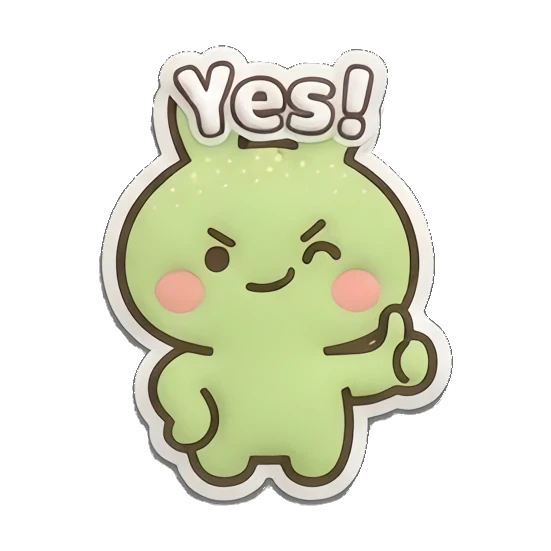 Happy green bunny giving a thumbs up and 'Yes!' text. Puffy Green Bunny Adventures sticker for expressive chats and social replies.