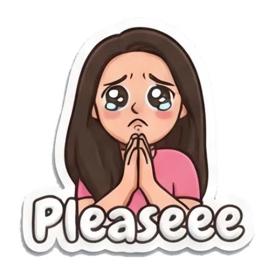 Girl pleading with hands together and text Pleaseee Puffy Girl Daily Vibes sticker for expressive chats and social replies.