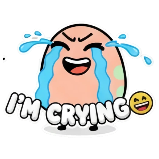 Egg character crying with blue tears text I'M CRYING Puffy Egg Pals sticker for expressive chats and social replies.