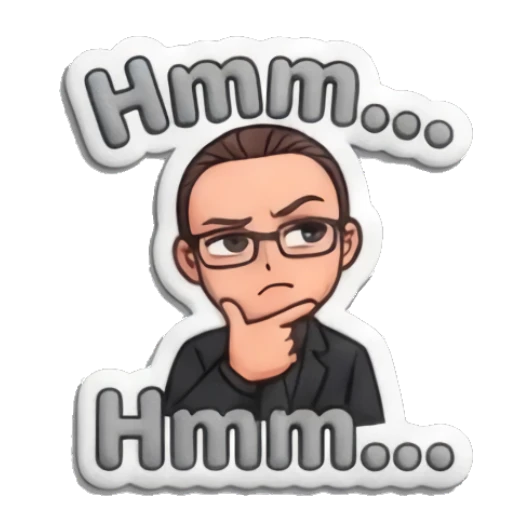 Man thinking with hand on chin and 'Hmm...' text Professional Suit Guy sticker for expressive chats and social replies.