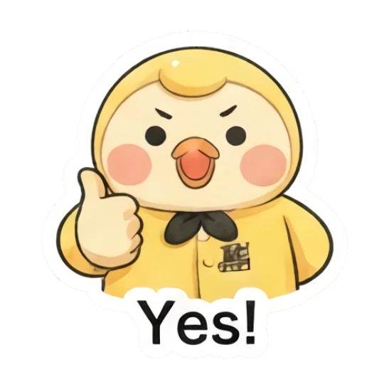 Encouraging duckling giving a thumbs up saying Yes! Little Yellow Duckling Moods sticker for expressive chats and social replies.