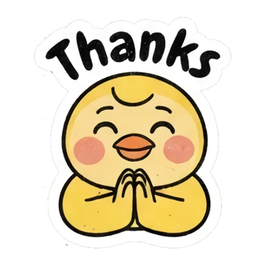 Grateful yellow chick with hands together in prayer, text Thanks. Gritty Retro Chick sticker for expressive chats and social replies.