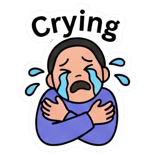 Boy crying with large blue tears and hugging himself. Daily Mood Doodle Boy sticker for expressive chats and social replies.