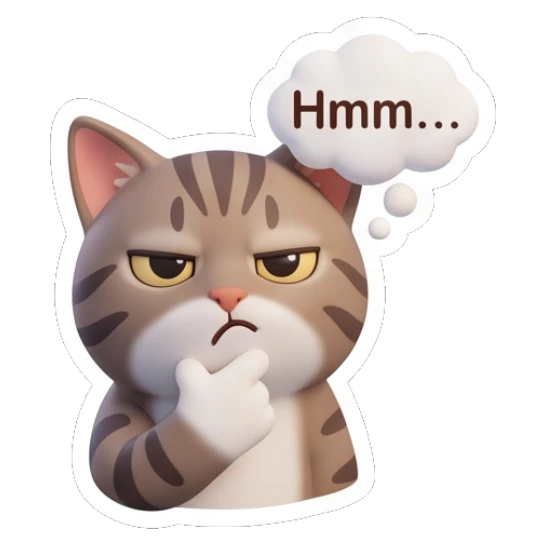 Tabby cat thinking with a thought bubble, text Hmm Tabby Cat Daily Vibes sticker for expressive chats and social replies.