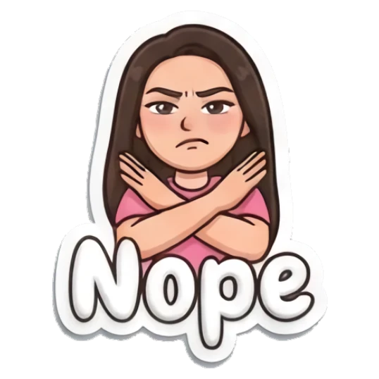 Girl crossing arms in refusal with text Nope Puffy Girl Daily Vibes sticker for expressive chats and social replies.