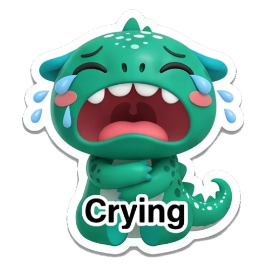 Teal dino crying loudly with tears and Crying text. Teal Dino Daily Moods sticker for expressive chats and social replies.