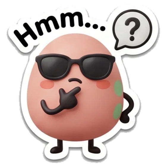 Pink egg wearing sunglasses thinking with text Hmm... Pink Egg Moods sticker for expressive chats and social replies.