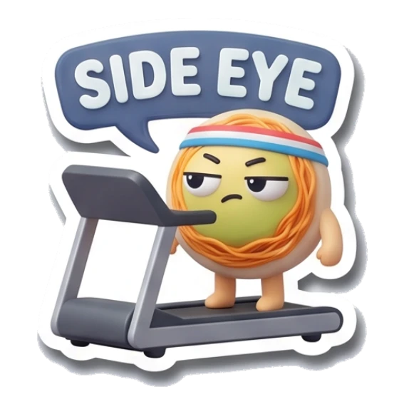 Noodle character giving side eye on treadmill with SIDE EYE text Gym Buddy Noodles sticker for expressive chats and social replies.