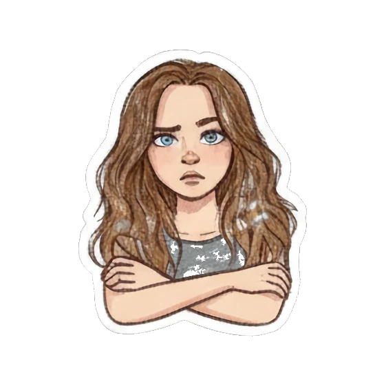 Curly-haired girl looking annoyed with arms crossed. Curly Haired Girl Moods sticker for expressive chats and social replies.