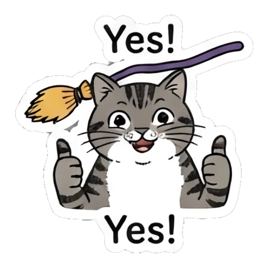 Happy tabby cat holding a broomstick, text Yes! Spooky Tabby Cat Adventures sticker for expressive chats and social replies.