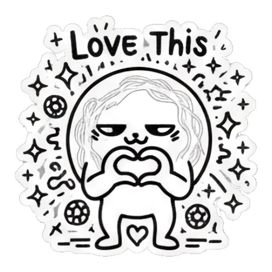 Round doodle character making a heart shape with hands and 'Love This' text. Doodle Doodle Expressions sticker for expressive chats and social replies.