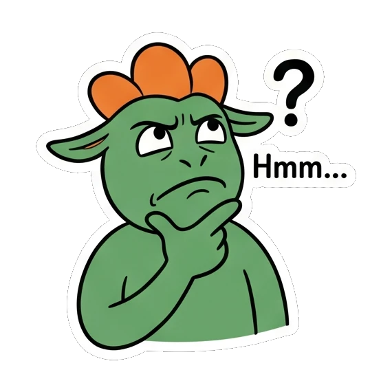 Pensive green goblin touching chin, text Hmm... Green Goblin Mischief sticker for expressive chats and social replies.