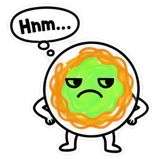 Noodle character looking thoughtful with Hnm... text Noodle Buddy Vibes sticker for expressive chats and social replies.