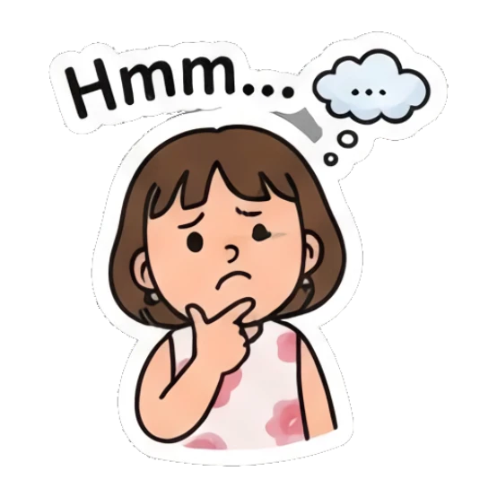 Girl thinking with hand on chin, text Hmm... Cheerful Girl Daily Vibes sticker for expressive chats and social replies.