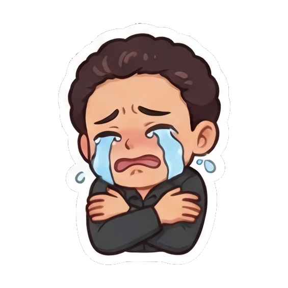Curly-haired man crying sadly with arms crossed. Curly Haired Guy Expressions sticker for expressive chats and social replies.