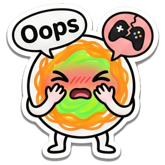 Embarrassed spaghetti character with broken controller and 'Oops' text. Spaghetti Buddy Expressions sticker for expressive chats and social replies.