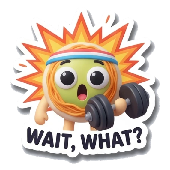 Noodle character shocked holding dumbbell with WAIT, WHAT? text Gym Buddy Noodles sticker for expressive chats and social replies.