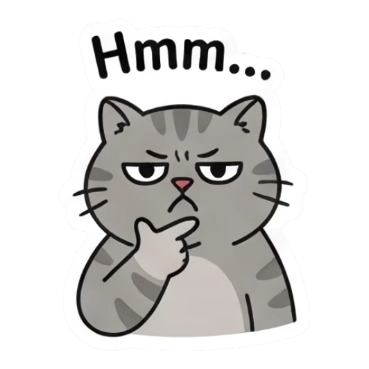 Grey cat thinking with a paw on chin and text Hmm... Grumpy Grey Cat Daily sticker for expressive chats and social replies.