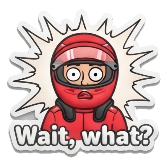 Racer looking surprised with wide eyes and shock Red Racer Mascot sticker for expressive chats and social replies.