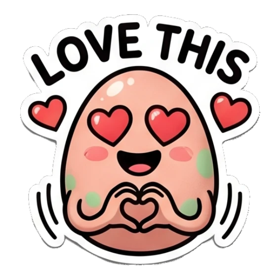Happy spotted egg forming a heart with hands, 'Love this' text. Spotted Egg Adventures sticker for expressive chats and social replies.