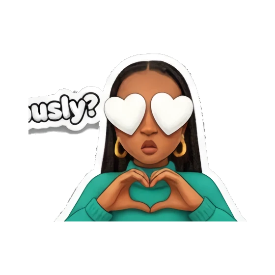 Young woman with heart-shaped eyes making a heart gesture, text 'YLA!' Vibrant Afro-Style Expressions sticker for expressive chats and social replies.