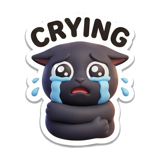 Black cat crying with blue tears, text Crying. Playful Black Cat Moods sticker for expressive chats and social replies.