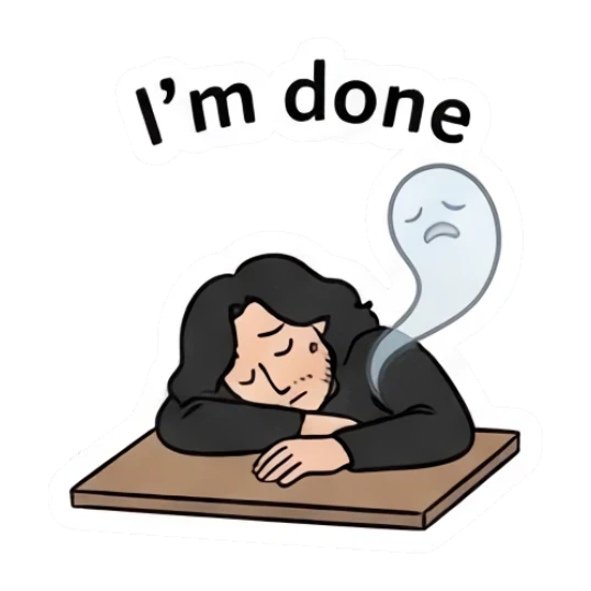 Long-haired man exhausted with a ghost spirit leaving his body. Long-Haired Guy Daily Vibes sticker for expressive chats and social replies.