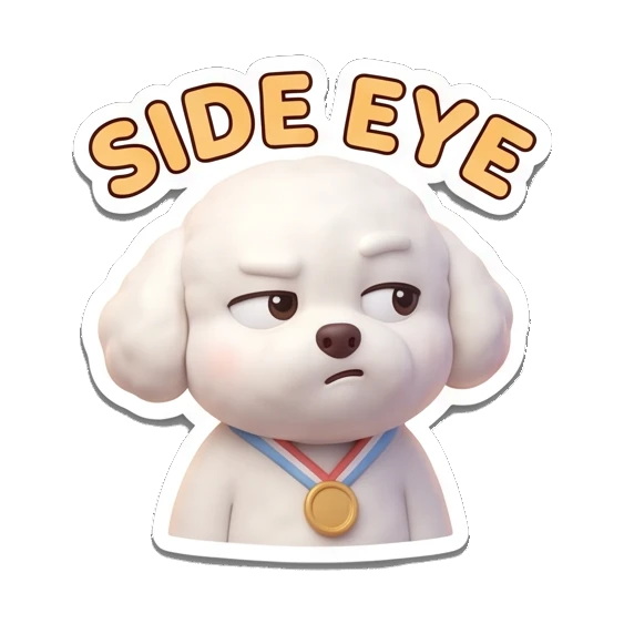 Bichon giving a skeptical side-eye look, Side eye text Bichon Buddy Daily Vibes sticker for expressive chats and social replies.