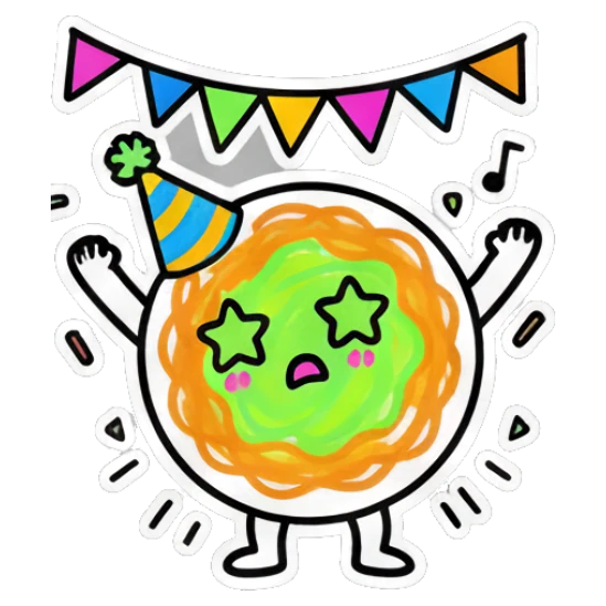 Noodle character wearing a party hat and celebrating Scribble Noodle Pals sticker for expressive chats and social replies.
