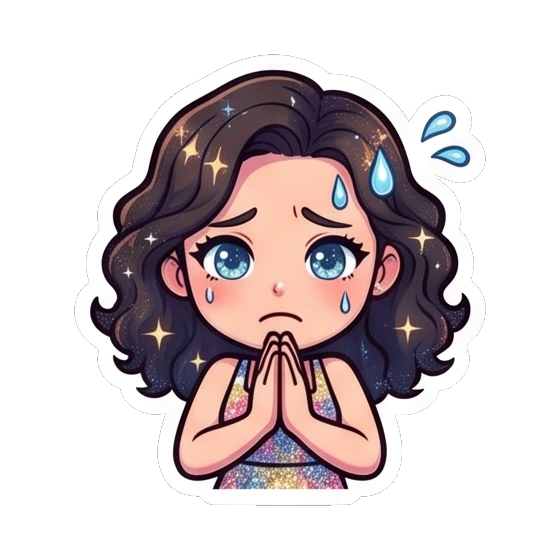 Girl sweating with a nervous, worried expression Sparkly Curly Girl Daily sticker for expressive chats and social replies.