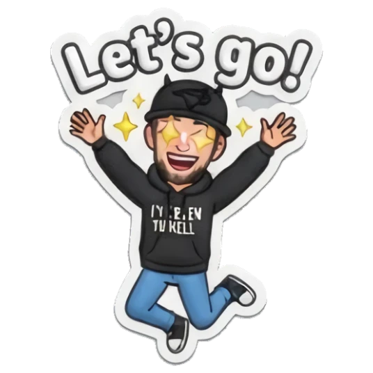 Guy jumping with excitement with text Let's go! Custom camojis sticker for expressive chats and social replies.