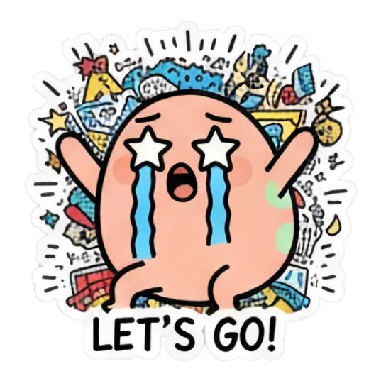 Doodle egg cheering with star-shaped eyes and raised arms, text LET'S GO! Doodle Egg Adventures sticker for expressive chats and social replies.