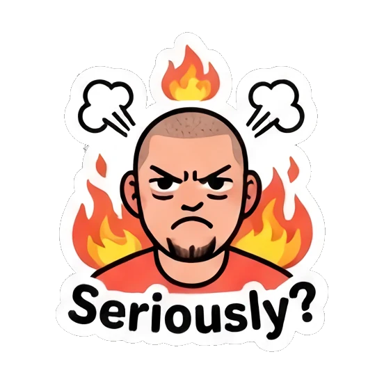 Angry buzz-cut man with fire background, text Seriously. Buzz Cut Guy Daily Vibes sticker for expressive chats and social replies.