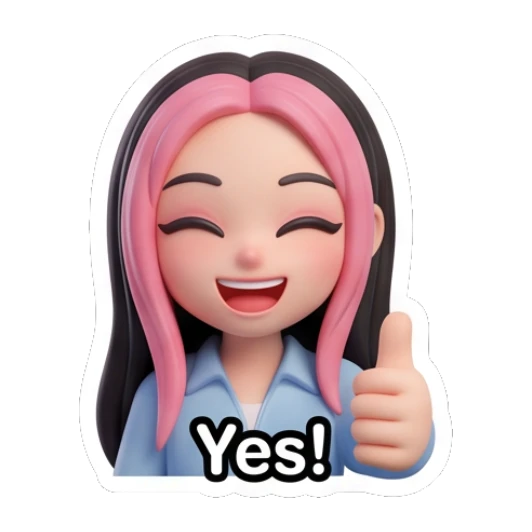 Cheerful girl giving a thumbs up with text Yes Pink-Haired Trendy Girl sticker for expressive chats and social replies.