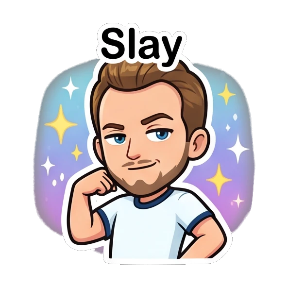 Bearded man looking confident and slaying with a smirk Cheerful Bearded Guy sticker for expressive chats and social replies.