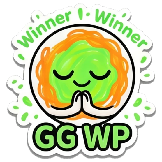 Peaceful spaghetti character praying with 'Winner Winner GG WP' text. Spaghetti Buddy Expressions sticker for expressive chats and social replies.