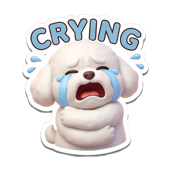 Bichon crying with blue tears, Crying text Bichon Buddy Daily Vibes sticker for expressive chats and social replies.